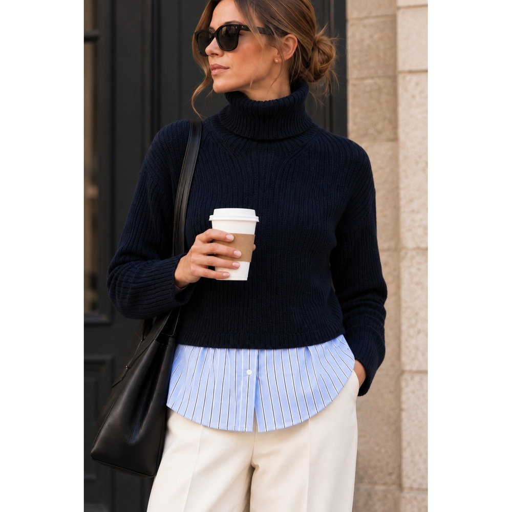 Sandro Paris Navy Ribbed Wool Turtleneck Sweater Layered Striped Shirt Hem 2